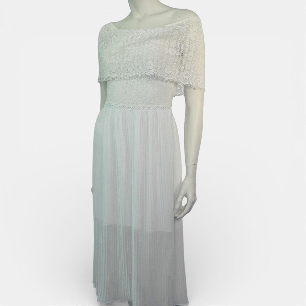 Vintage 1970s White Lace Bodice & Cape Collar Dress w/ Sheer Overlay Boho - Picture 5 of 14